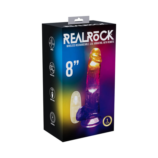 SHOTS - REALROCK WIRELESS RECHARGEABLE REMOTE CONTROL LED VIBRATING 8 IN. DILDO WITH BALLS CLEAR