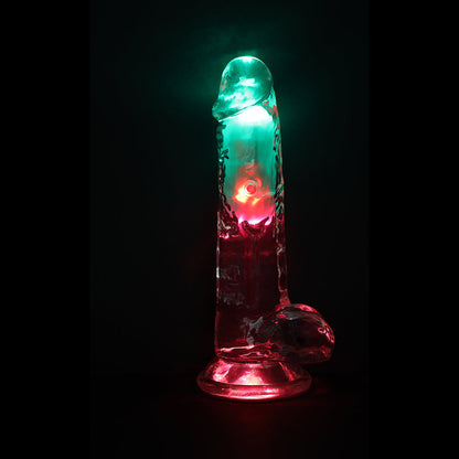 REALROCK WIRELESS RECHARGEABLE REMOTE CONTROL LED VIBRATING 8 IN. DILDO WITH BALLS CLEAR
