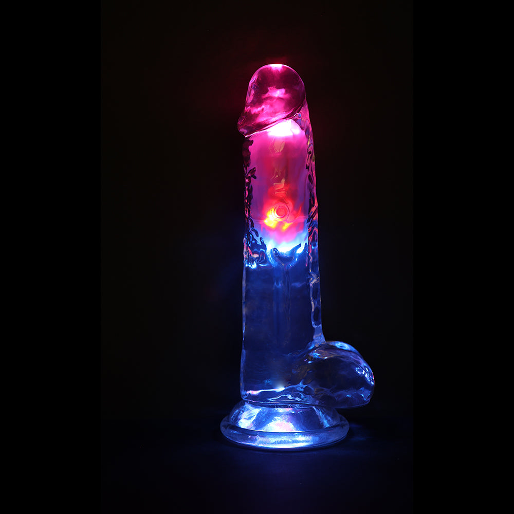 REALROCK WIRELESS RECHARGEABLE REMOTE CONTROL LED VIBRATING 8 IN. DILDO WITH BALLS CLEAR