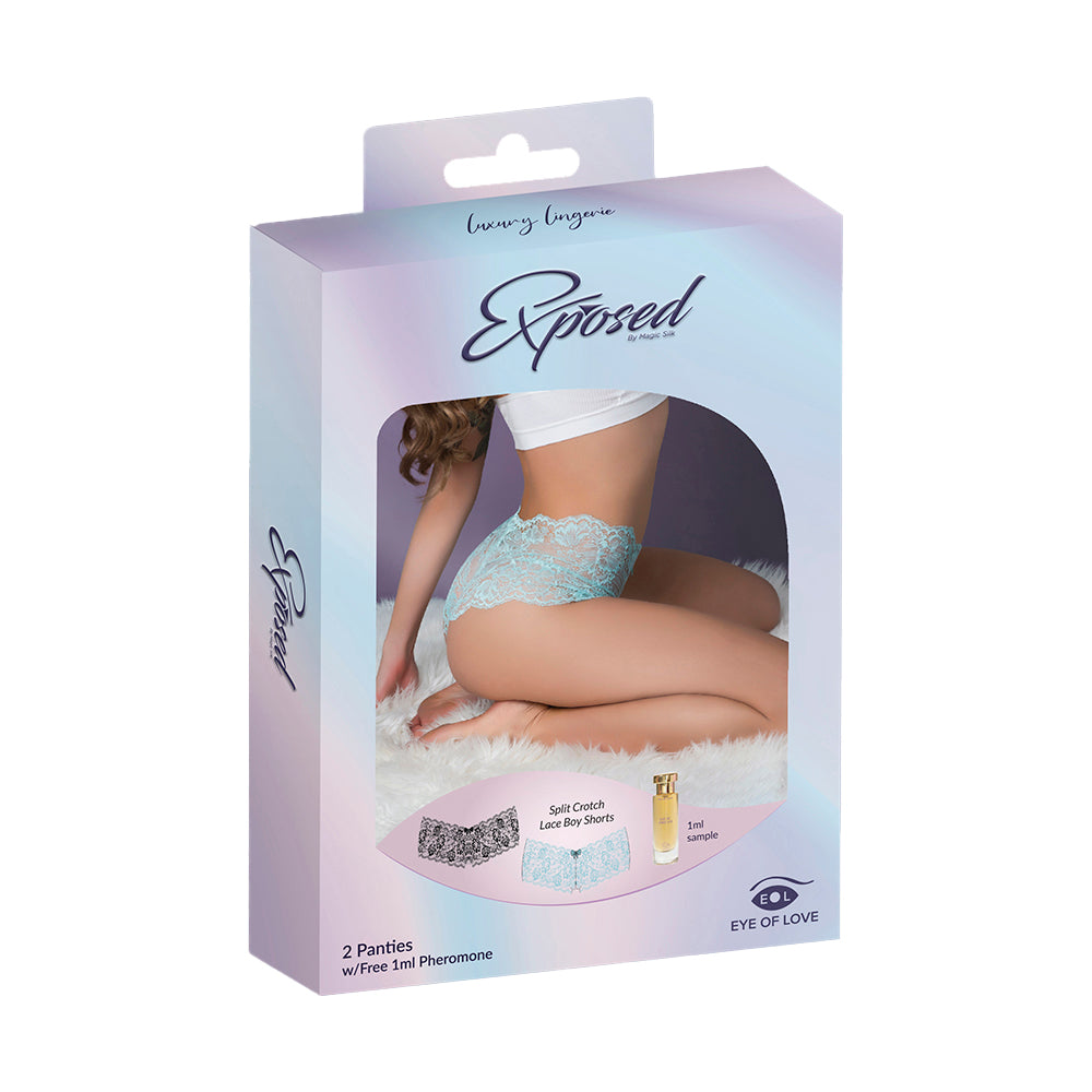 MAGIC SILK - PHEROMONE PANTIES SPLIT CROTCH LACE BOY SHORT 2-PACK AQUA/BLACK QUEEN SIZE