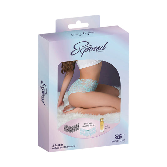 SEDA MÁGICA - BRAGUITAS DE FEROMONAS CON ENTREPIERNA ABIERTA DE ENCAJE TIPO BÓXER PAQUETE DE 2 AZUL ACUA/NEGRO TALLA GRANDE