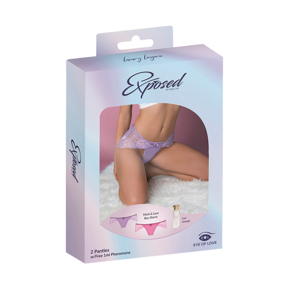MAGIC SILK PHEROMONE PANTIES MESH & LACE BOY SHORT 2-PACK LILAC/ROSE S/M