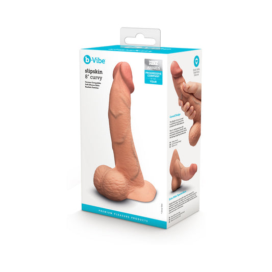 B-VIBE SLIPSKIN REALISTIC SILICONE DILDO 8 IN. CURVED MOCHA