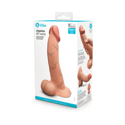B-VIBE SLIPSKIN REALISTIC SILICONE DILDO 10 IN. CURVED MOCHA