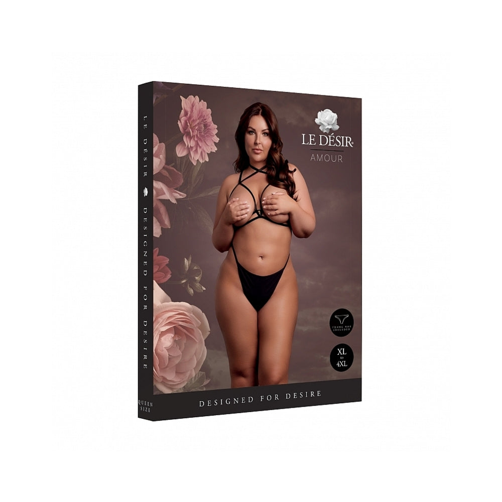 LE DESIR OPEN CUP TRIANGLE BRA WITH NECK STRAP AND ADJUSTABLE SLIDERS BLACK QUEEN SIZE