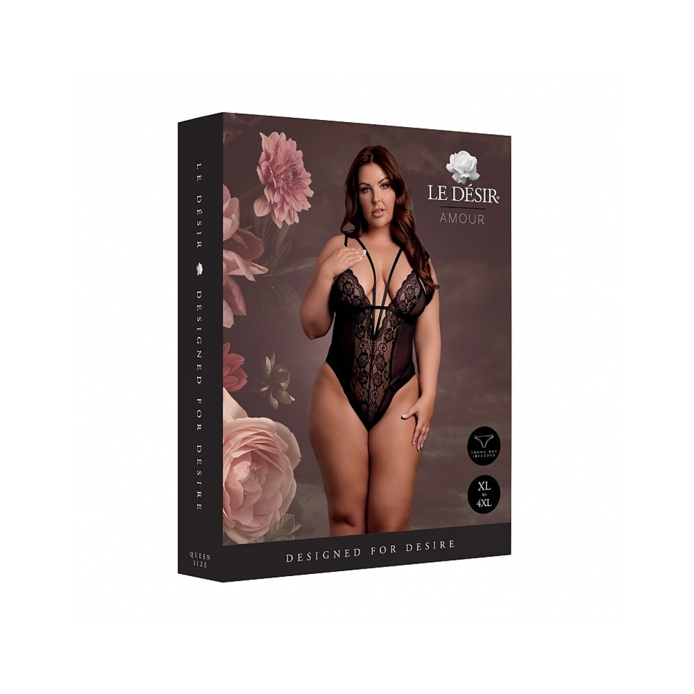 LE DESIR WIRELESS LACE BODYSUIT WITH ADJUSTABLE SLIDERS BLACK QUEEN SIZE