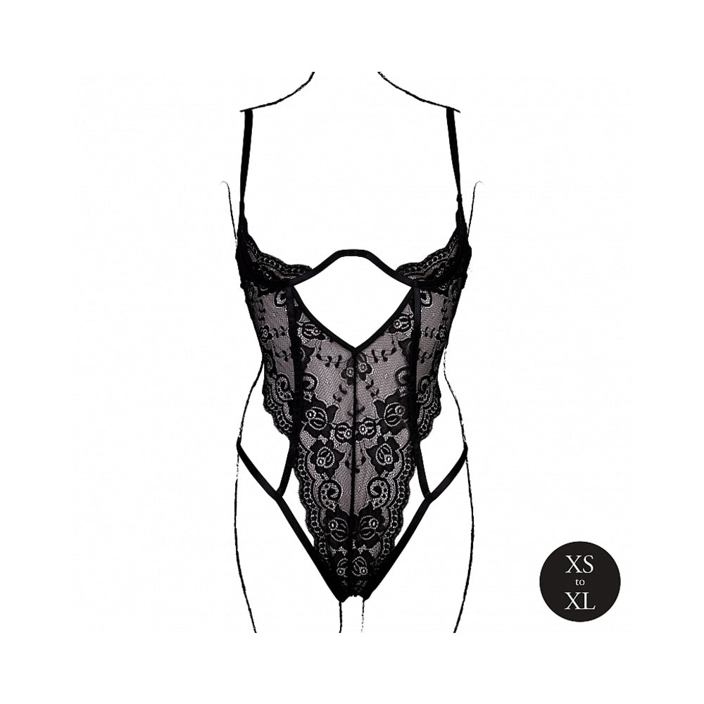 LE DESIR LACE UNDERWIRED OPEN CUP BODYSUIT WITH ADJUSTABLE SLIDERS BLACK O/S