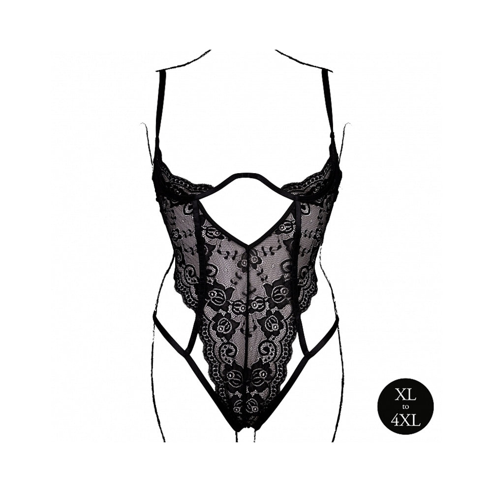 LE DESIR LACE UNDERWIRED OPEN CUP BODYSUIT WITH ADJUSTABLE SLIDERS BLACK QUEEN SIZE