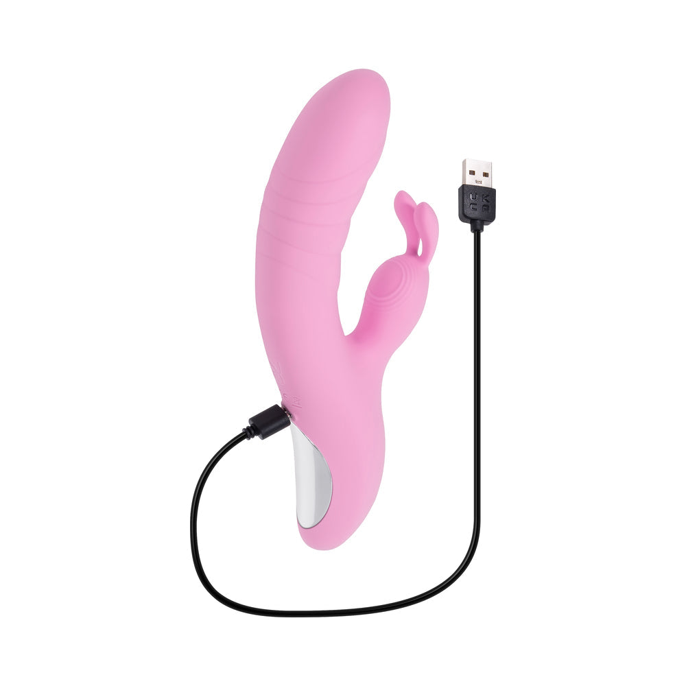 PLAYBOY RUB ME RIGHT RECHARGEABLE THRUSTING DUAL STIMULATOR SILICONE PINK PETAL