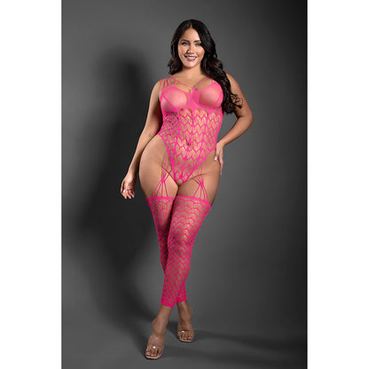 FANTASY LINGERIE SHEER NEXT TO YOU CROTCHLESS GEOMETRIC FISHNET TEDDY BODYSTOCKING NEON PINK QUEEN SIZE