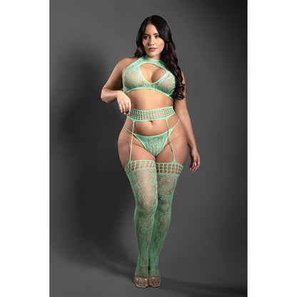 FANTASY LINGERIE - SHEER HEART OF GLASS LACE KNIT HALTER TIE TOP, G-STRING & GARTERED STOCKINGS SEAGLASS GREEN QUEEN SIZE