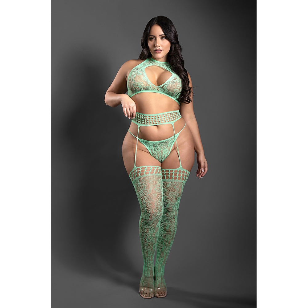 SHEER HEART OF GLASS LACE KNIT HALTER TIE TOP, G-STRING & GARTERED STOCKINGS SEAGLASS GREEN QUEEN SIZE