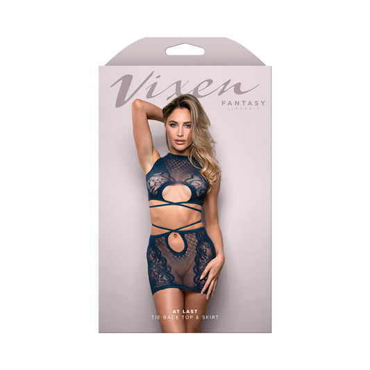 FANTASY LINGERIE - VIXEN AT LAST FLORAL LACE KNIT TIE-BACK TOP & SKIRT NAVY O/S
