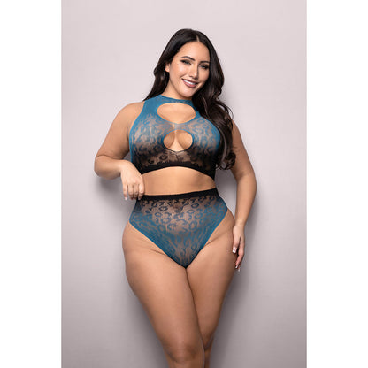 FANTASY LINGERIE VIXEN DEEP DIVE OMBRÉ LEOPARD KNIT CUT-OUT TOP & PANTY BLACK/BLUE QUEEN SIZE