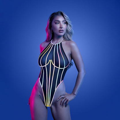 FANTASY LINGERIE GLOW SOLAR FLARE HALTER TIE TEDDY WITH UNDERWIRE L/XL