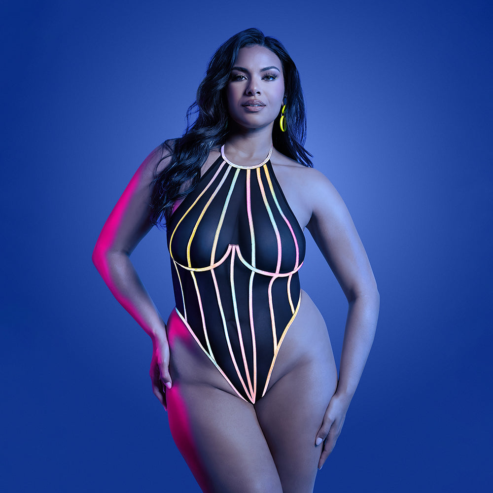 FANTASY LINGERIE GLOW SOLAR FLARE HALTER TIE TEDDY WITH UNDERWIRE QUEEN SIZE