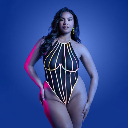 FANTASY LINGERIE GLOW SOLAR FLARE HALTER TIE TEDDY WITH UNDERWIRE QUEEN SIZE