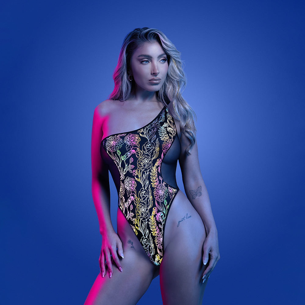 FANTASY LINGERIE - GLOW LUMINESCENT FLORAL PRINT ONE-SHOULDER TEDDY L/XL