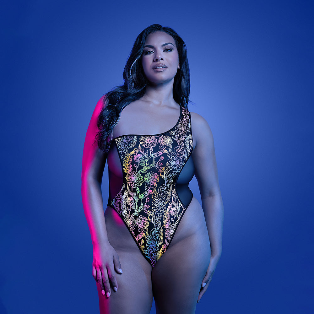 FANTASY LINGERIE GLOW LUMINESCENT FLORAL PRINT ONE-SHOULDER TEDDY QUEEN SIZE