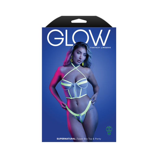 FANTASY LINGERIE GLOW SUPERNATURAL GLOW-IN-THE-DARK ZIPPER TOP & PANTY L/XL