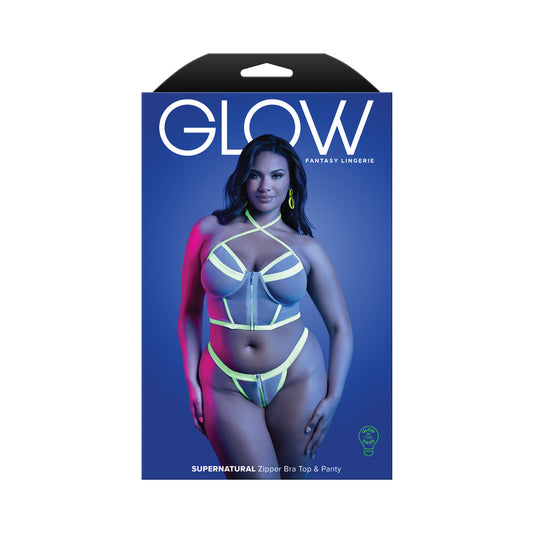FANTASY LINGERIE GLOW SUPERNATURAL GLOW-IN-THE-DARK ZIPPER TOP & PANTY QUEEN SIZE