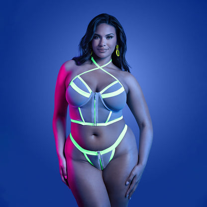 FANTASY LINGERIE GLOW SUPERNATURAL GLOW-IN-THE-DARK ZIPPER TOP & PANTY QUEEN SIZE