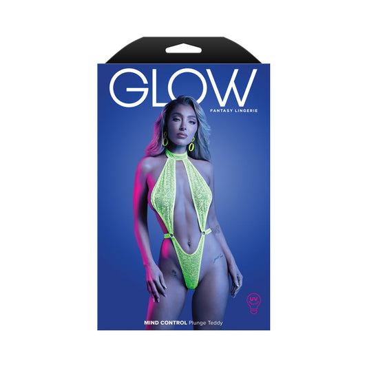 FANTASY LINGERIE - GLOW MIND CONTROL UV REACTIVE LACE HALTER PLUNGE TEDDY L/XL
