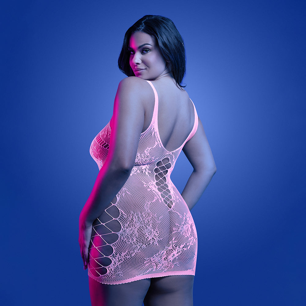 FANTASY LINGERIE - GLOW MAGNETISM GLOW-IN-THE-DARK LACE KNIT DRESS QUEEN SIZE