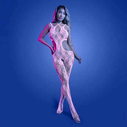 FANTASY LINGERIE GLOW EQUILIBRIUM GLOW-IN-THE-DARK CROTCHLESS BODYSTOCKING O/S
