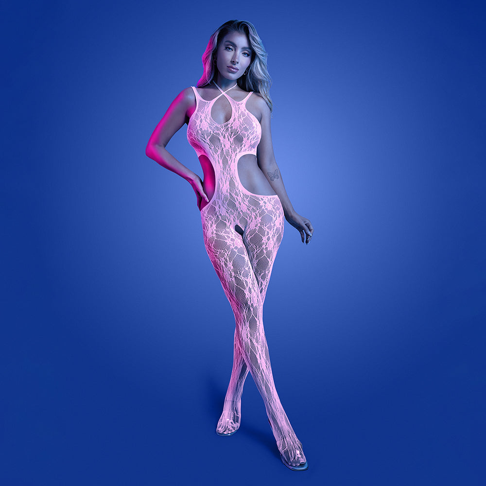 FANTASY LINGERIE - GLOW EQUILIBRIUM GLOW IN THE DARK CROTCHLESS BODYSTOCKING