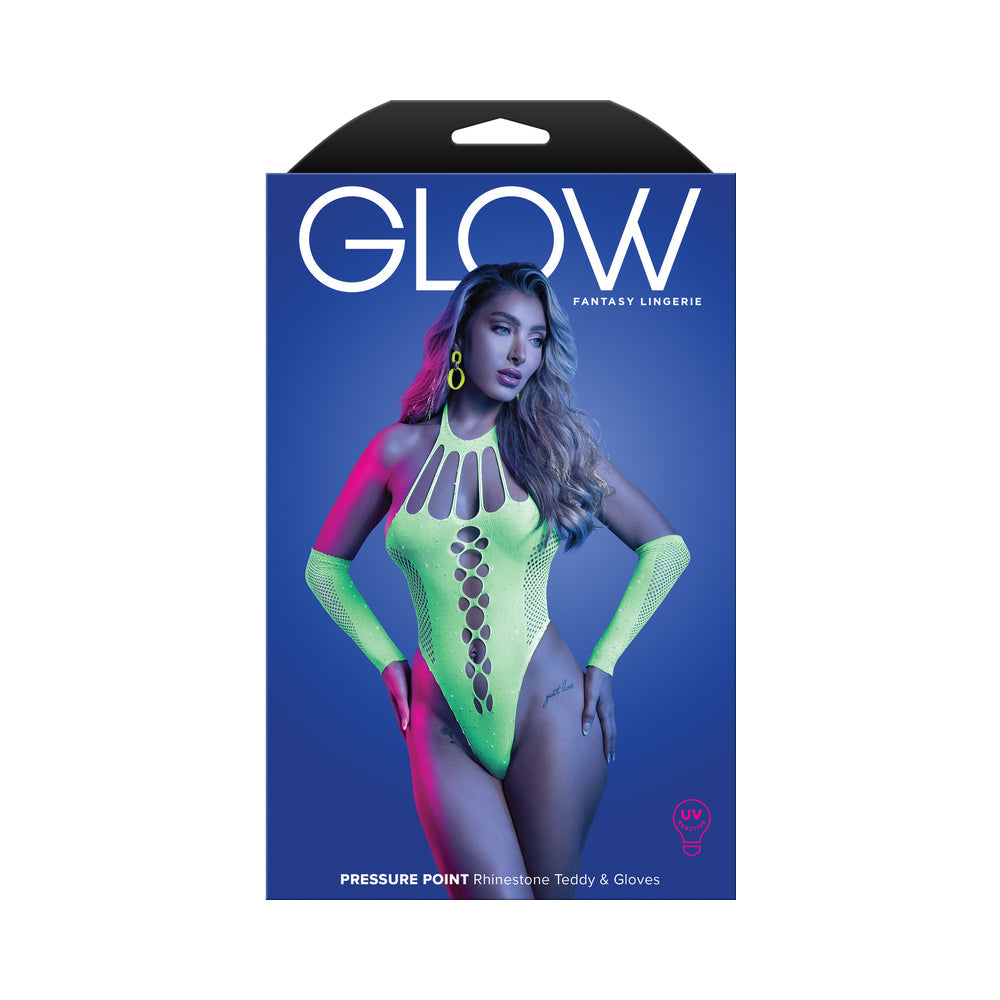 FANTASY LINGERIE GLOW PRESSURE POINT UV REACTIVE RHINESTONE TEDDY & GLOVES O/S