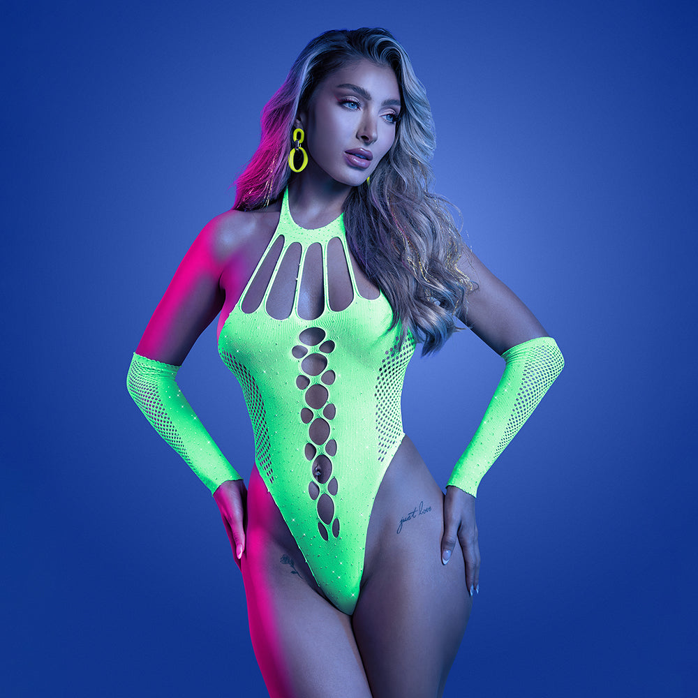 FANTASY LINGERIE GLOW PRESSURE POINT UV REACTIVE RHINESTONE TEDDY & GLOVES O/S