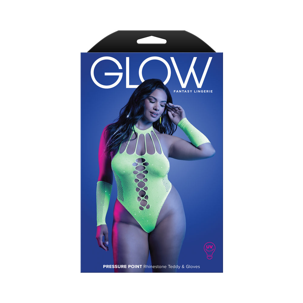 FANTASY LINGERIE GLOW PRESSURE POINT UV REACTIVE RHINESTONE TEDDY & GLOVES QUEEN SIZE