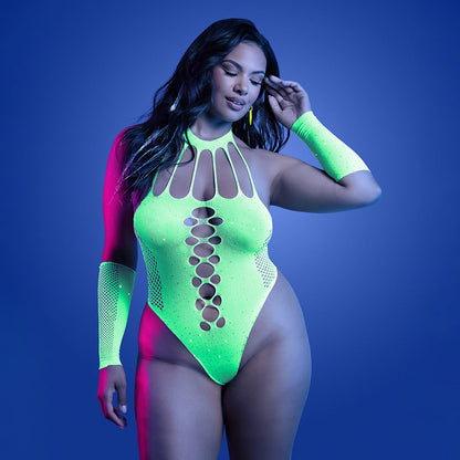 FANTASY LINGERIE GLOW PRESSURE POINT UV REACTIVE RHINESTONE TEDDY & GLOVES QUEEN SIZE