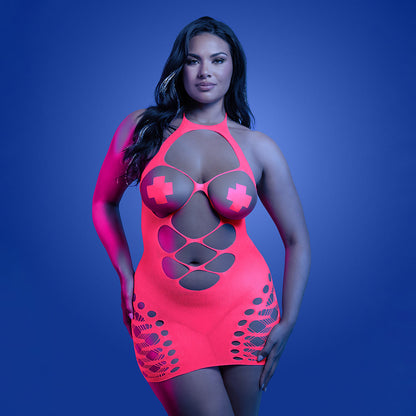 FANTASY LINGERIE GLOW APHRODISIAC UV REACTIVE OPEN BODICE HALTER DRESS & PASTIES QUEEN SIZE