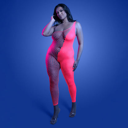 FANTASY LINGERIE GLOW HYPERDRIVE UV REACTIVE RHINESTONE BODYSTOCKING QUEEN SIZE