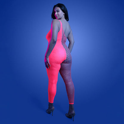 FANTASY LINGERIE GLOW HYPERDRIVE UV REACTIVE RHINESTONE BODYSTOCKING QUEEN SIZE