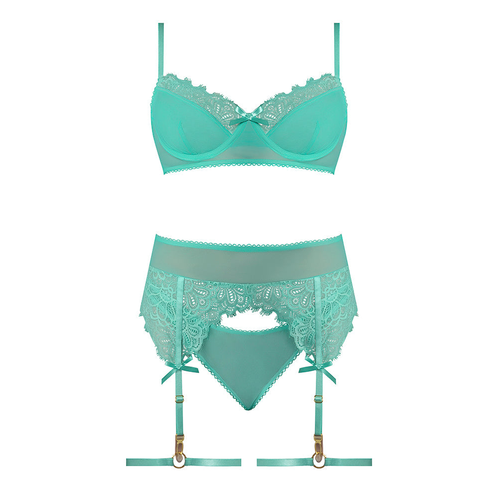 MAGIC SILK CARIBBEAN CRUSH DEMI BRA & THONG WITH GARTER SET AQUA GLOW L/XL