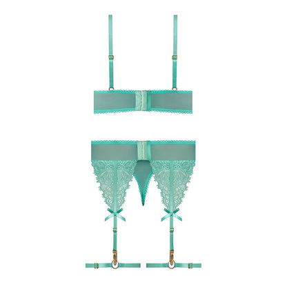 MAGIC SILK CARIBBEAN CRUSH DEMI BRA & THONG WITH GARTER SET AQUA GLOW L/XL