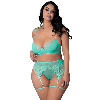 MAGIC SILK CARIBBEAN CRUSH DEMI BRA & THONG WITH GARTER SET AQUA GLOW QUEEN SIZE