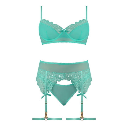 MAGIC SILK CARIBBEAN CRUSH DEMI BRA & THONG WITH GARTER SET AQUA GLOW QUEEN SIZE
