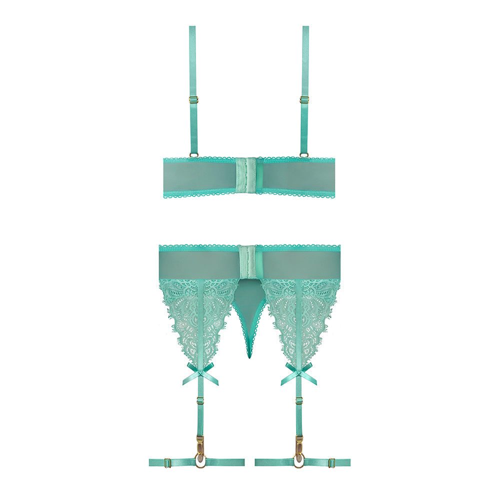 MAGIC SILK CARIBBEAN CRUSH DEMI BRA & THONG WITH GARTER SET AQUA GLOW QUEEN SIZE