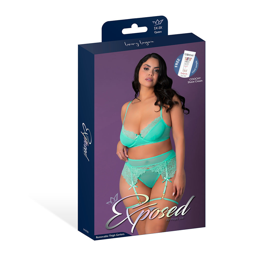 MAGIC SILK CARIBBEAN CRUSH DEMI BRA & THONG WITH GARTER SET AQUA GLOW QUEEN SIZE