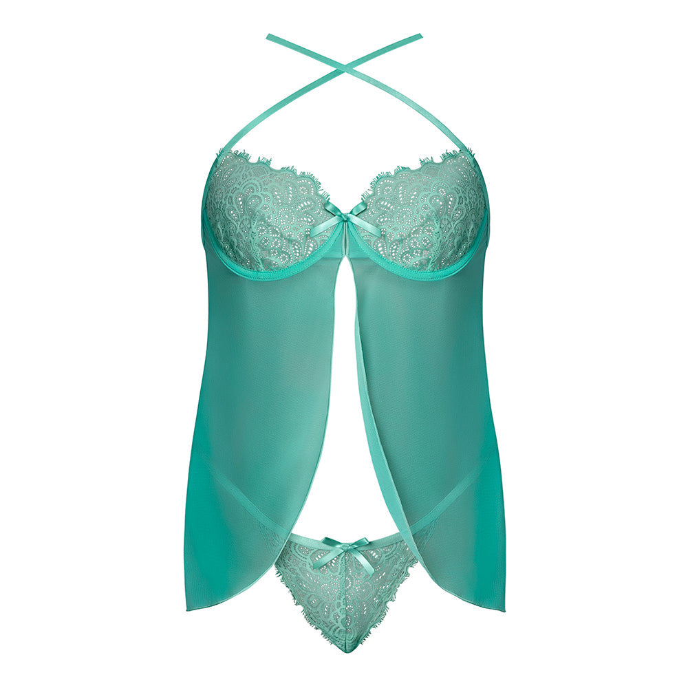MAGIC SILK CARIBBEAN CRUSH FLUTTER BABYDOLL & THONG SET AQUA GLOW QUEEN SIZE