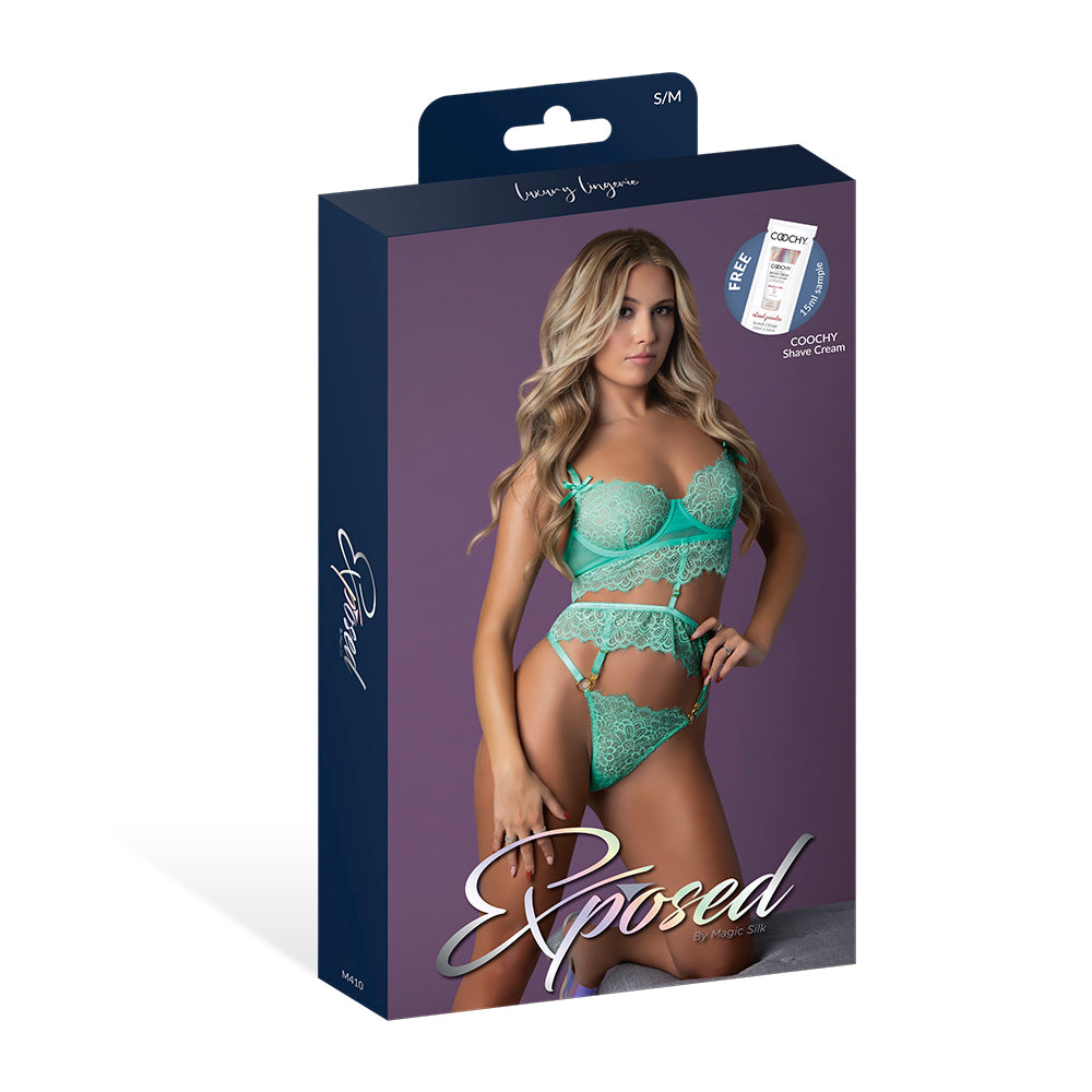 MAGIC SILK - CARIBBEAN CRUSH DEMI LONGLINE BRA & PANTY WITH FLOUNCE AQUA GLOW L/XL