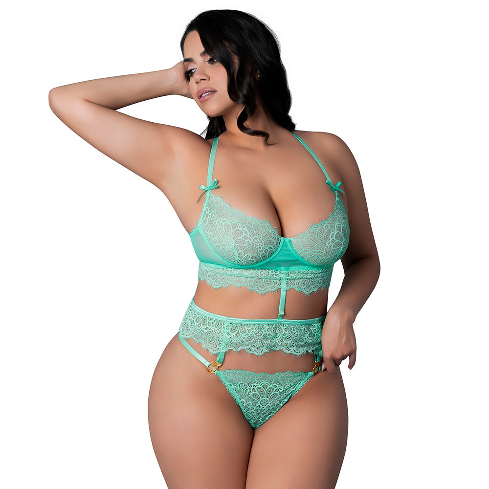 MAGIC SILK CARIBBEAN CRUSH DEMI LONGLINE BRA & PANTY WITH FLOUNCE AQUA GLOW QUEEN SIZE