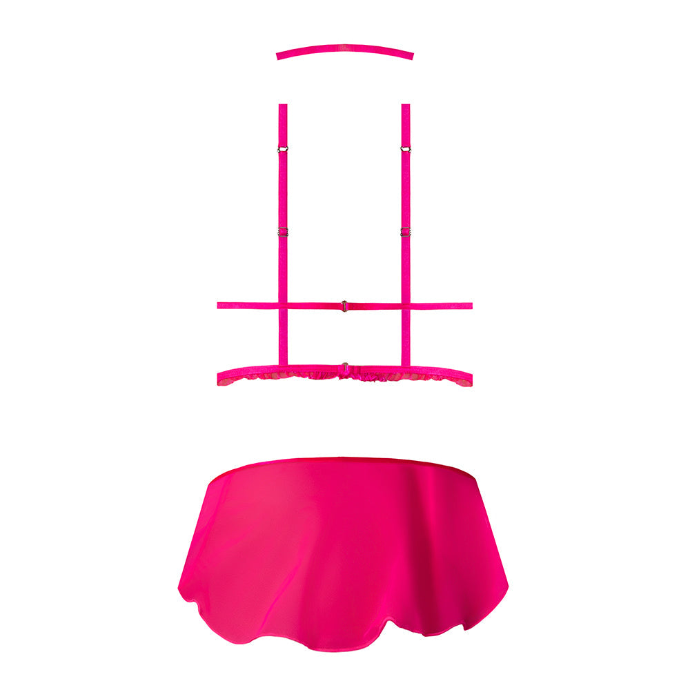 MAGIC SILK PINK KINK HARNESS TOP, OPEN CROTCH SKIRT PANTY & CHOKER PINK GLOW S/M