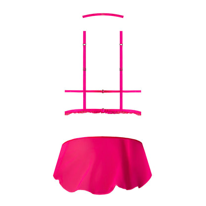 MAGIC SILK PINK KINK HARNESS TOP, OPEN CROTCH SKIRT PANTY & CHOKER PINK GLOW S/M
