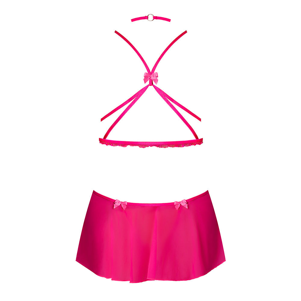 MAGIC SILK - TOP CON ARNÉS ROSA KINK, TANGA ABIERTA EN LA ENTREPIERNA Y GARGANTILLA ROSA BRILLANTE L/XL