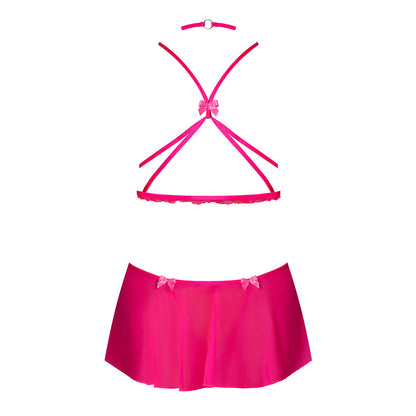 MAGIC SILK PINK KINK HARNESS TOP, OPEN CROTCH SKIRT PANTY & CHOKER PINK GLOW L/XL